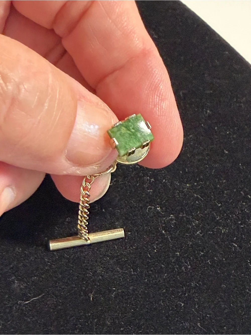 Sterling Silver,Gold Tone Jade Stone Tie Tack Set (2)
